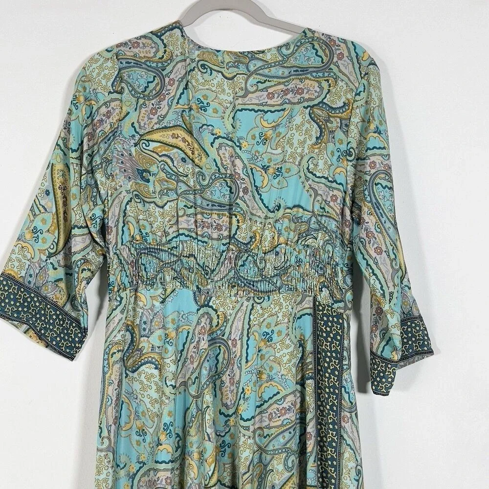 ME 2 MAGIC Maxi Dress Womens Sz L Green Paisley 3/4 Sleeve Bohemian